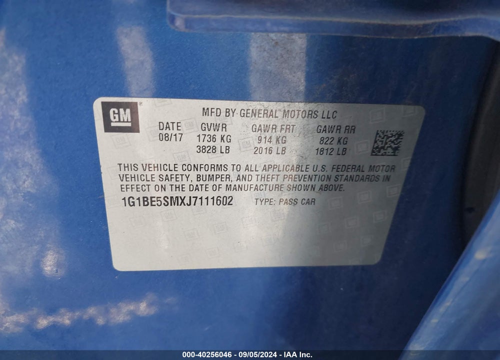 2018 CHEVROLET CRUZE LT AUTO VIN: 1G1BE5SMXJ7111602