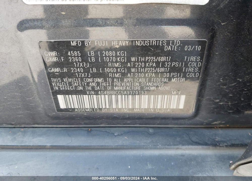 2010 SUBARU OUTBACK 2.5I PREMIUM VIN: 4S4BRBCC5A3370193