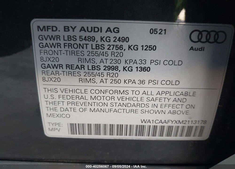 2021 AUDI Q5 PRESTIGE 45 TFSI QUATTRO S TRONIC VIN: WA1CAAFYXM2113178