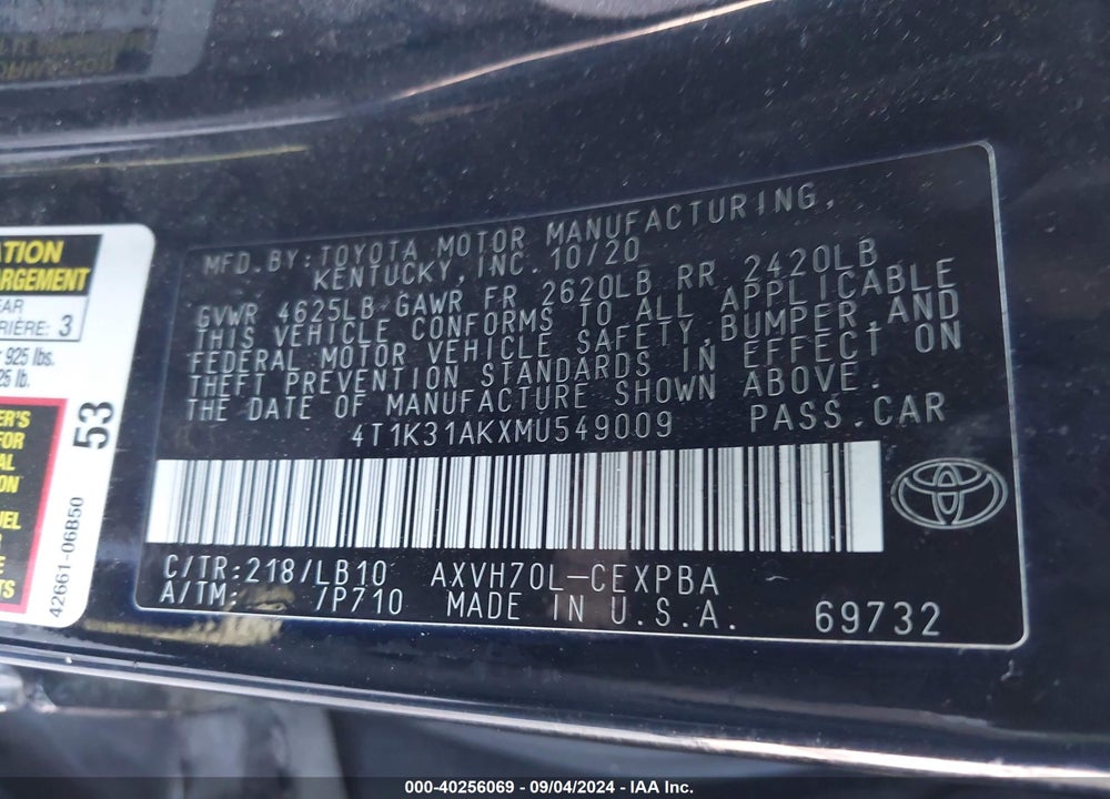 2021 TOYOTA CAMRY XSE HYBRID VIN: 4T1K31AKXMU549009