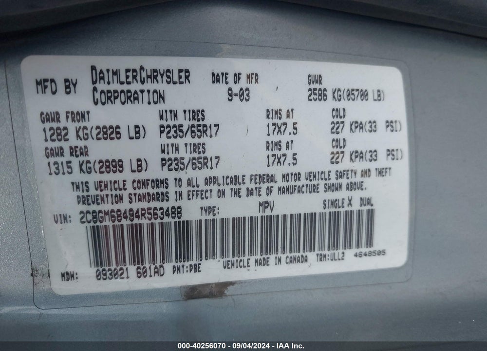 2004 CHRYSLER PACIFICA VIN: 2C8GM68494R563488