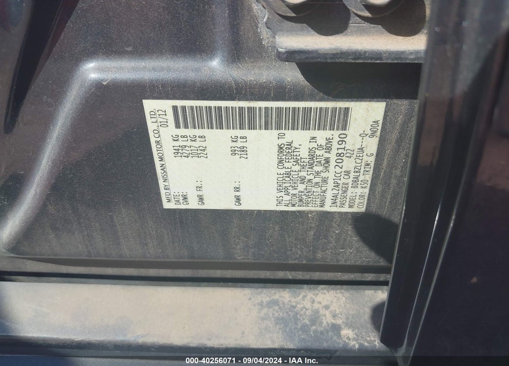2012 NISSAN ALTIMA VIN: 1N4AL2AP1CC208190