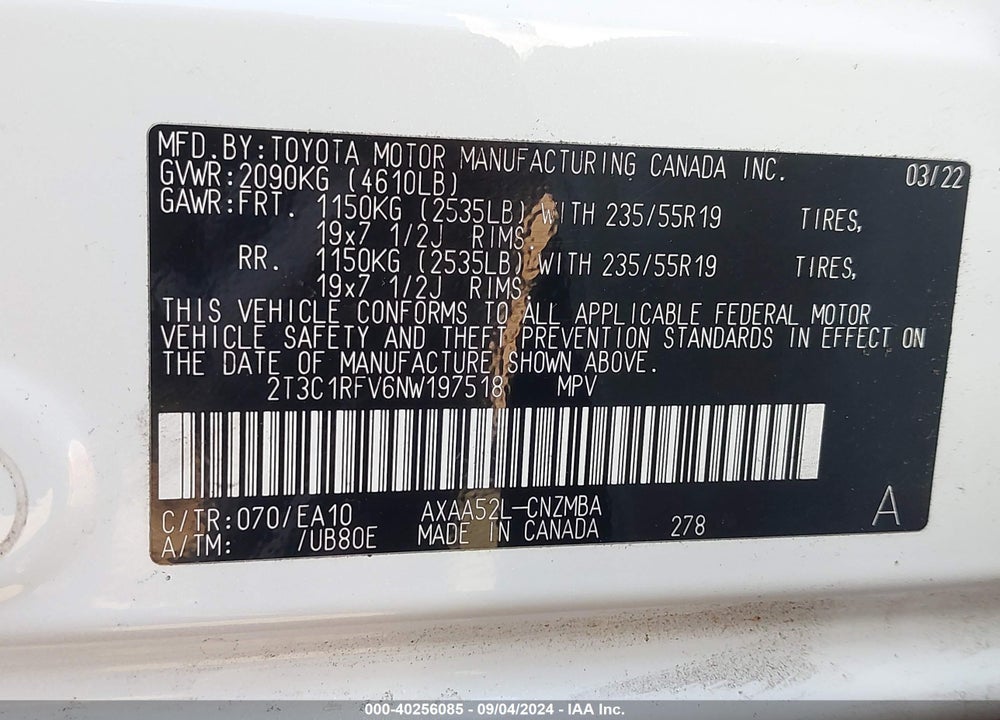2022 TOYOTA RAV4 XLE PREMIUM VIN: 2T3C1RFV6NW197518
