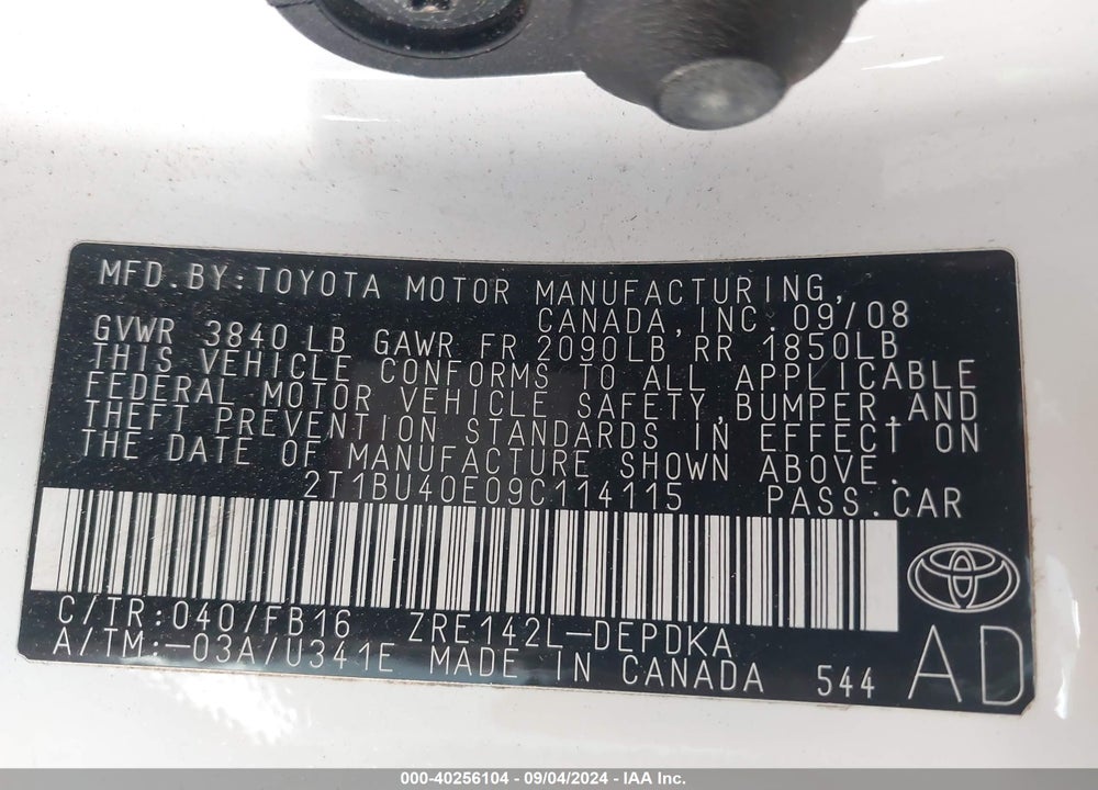 2009 TOYOTA COROLLA LE VIN: 2T1BU40E09C114115