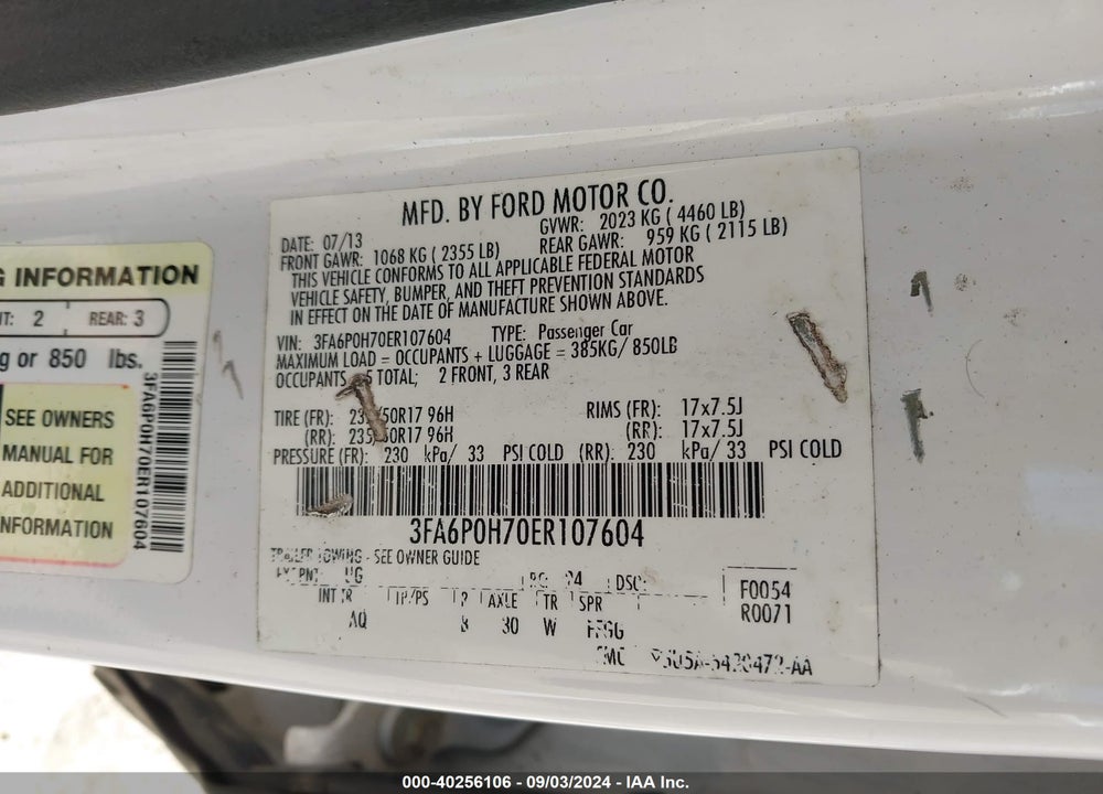 2014 FORD FUSION SE VIN: 3FA6P0H70ER107604