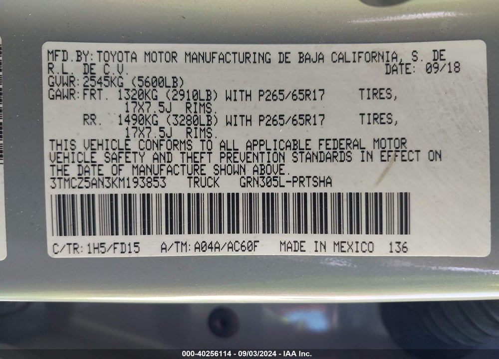 2019 TOYOTA TACOMA TRD OFF ROAD/TRD SPORT VIN: 3TMCZ5AN3KM193853