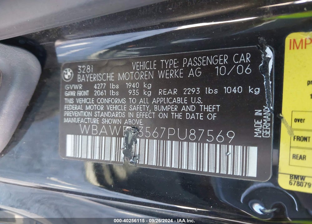 2007 BMW 328I VIN: WBAWB33567PU87569