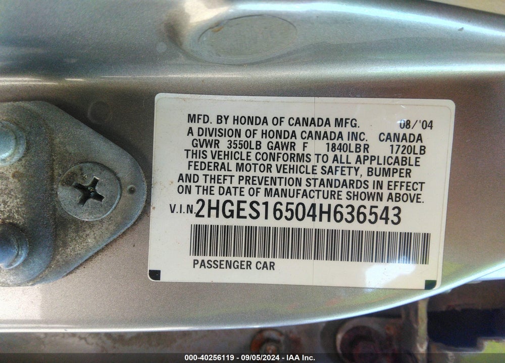 2004 HONDA CIVIC LX VIN: 2HGES16504H636543
