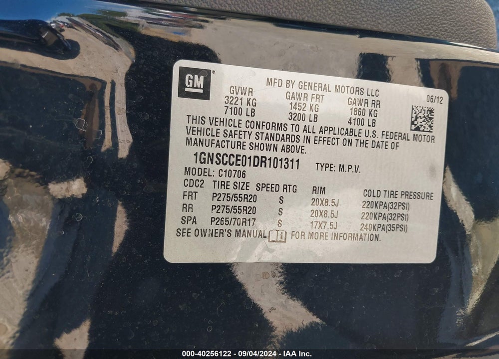 2013 CHEVROLET TAHOE LTZ VIN: 1GNSCCE01DR101311