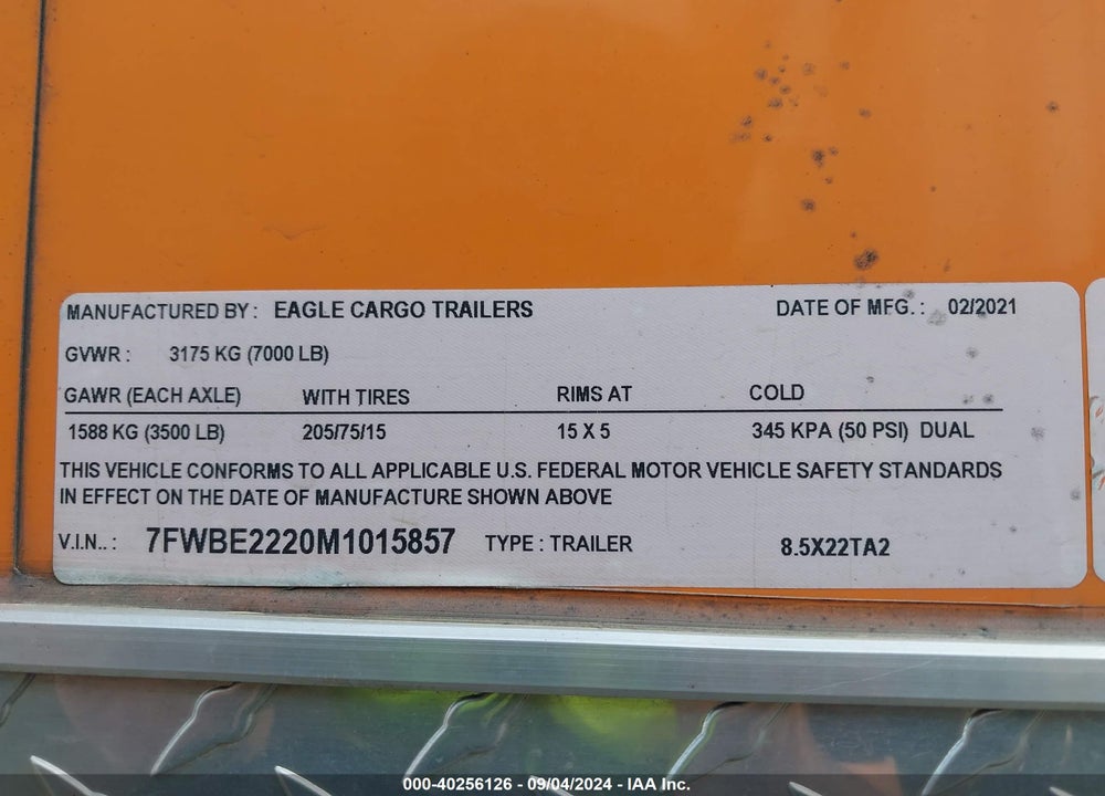 2021 TRAILER 22' HIGH COUNTRY CARGO VIN: 7FWBE2220M1015857