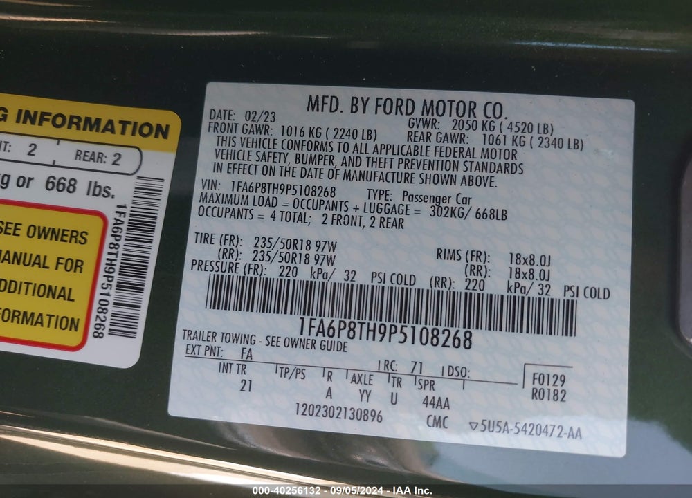 2023 FORD MUSTANG ECOBOOST FASTBACK VIN: 1FA6P8TH9P5108268