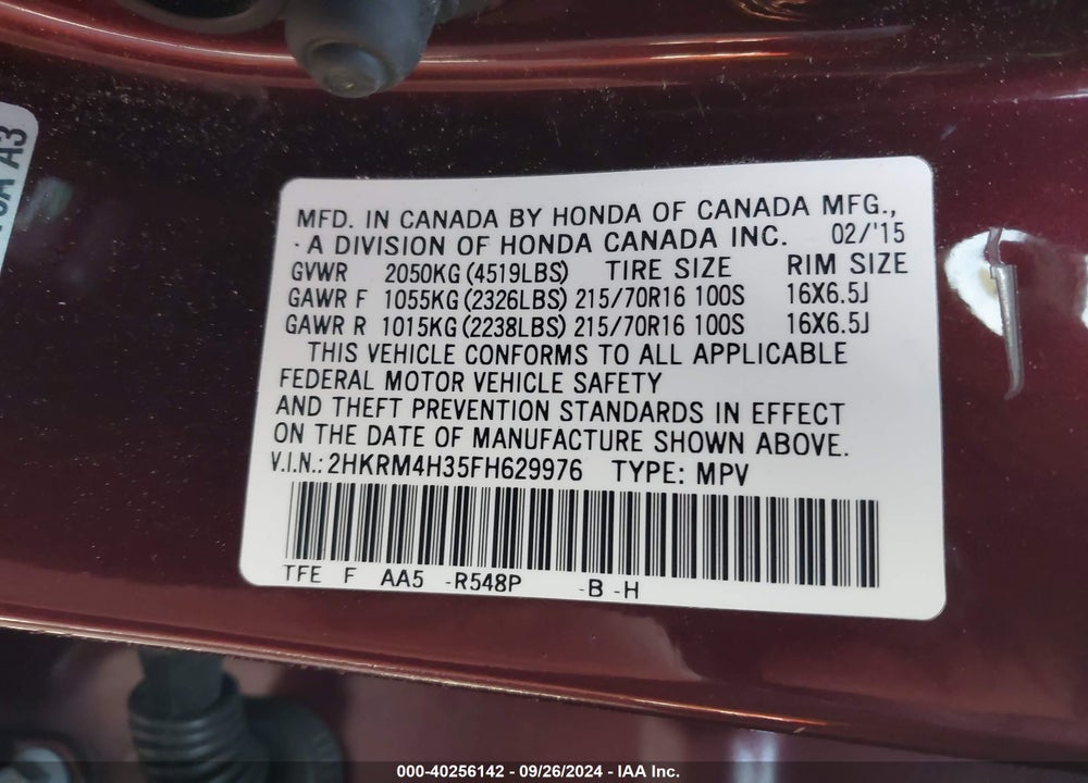 2015 HONDA CR-V LX VIN: 2HKRM4H35FH629976