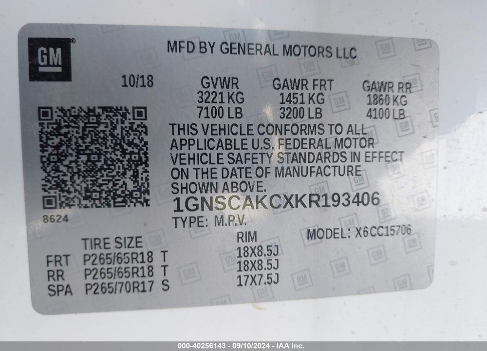 2019 CHEVROLET TAHOE LS VIN: 1GNSCAKCXKR193406