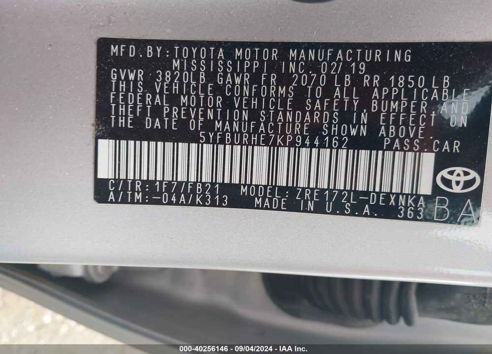 2019 TOYOTA COROLLA LE VIN: 5YFBURHE7KP944162