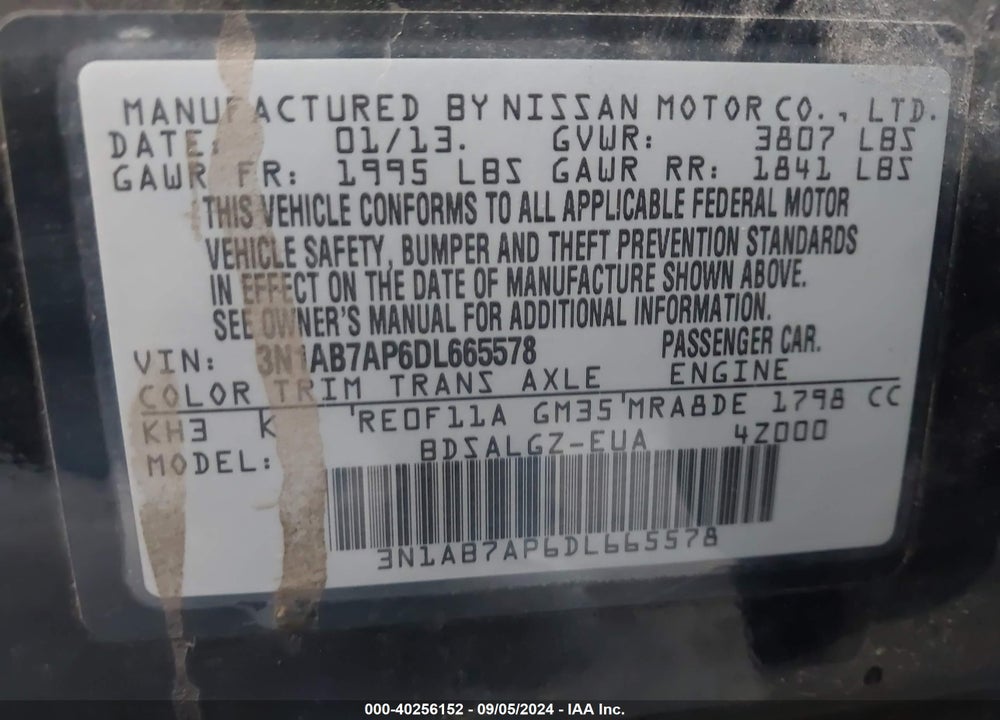 2013 NISSAN SENTRA SL VIN: 3N1AB7AP6DL665578