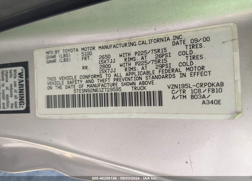 2001 TOYOTA TACOMA PRERUNNER V6 VIN: 5TESN92N61Z729595