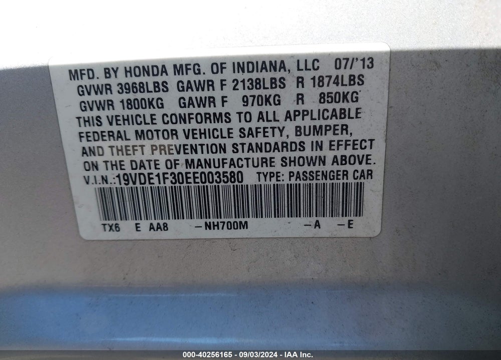 2014 ACURA ILX 2.0L VIN: 19VDE1F30EE003580