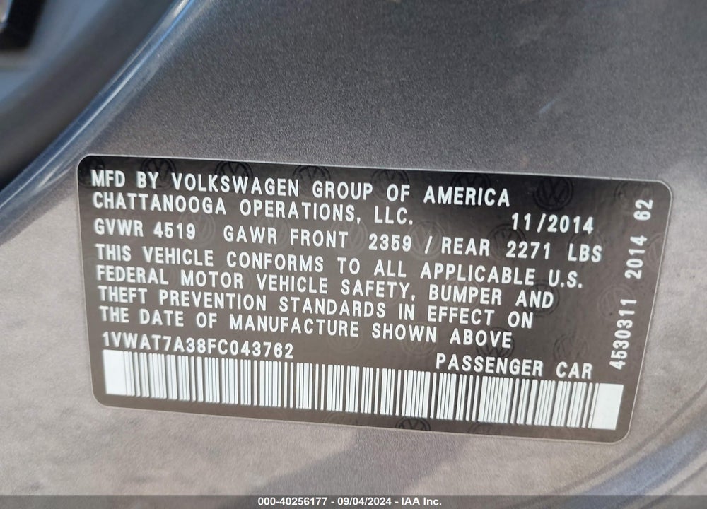 2015 VOLKSWAGEN PASSAT 1.8T LIMITED EDITION/1.8T S/1.8T WOLFSBURG EDITION VIN: 1VWAT7A38FC043762