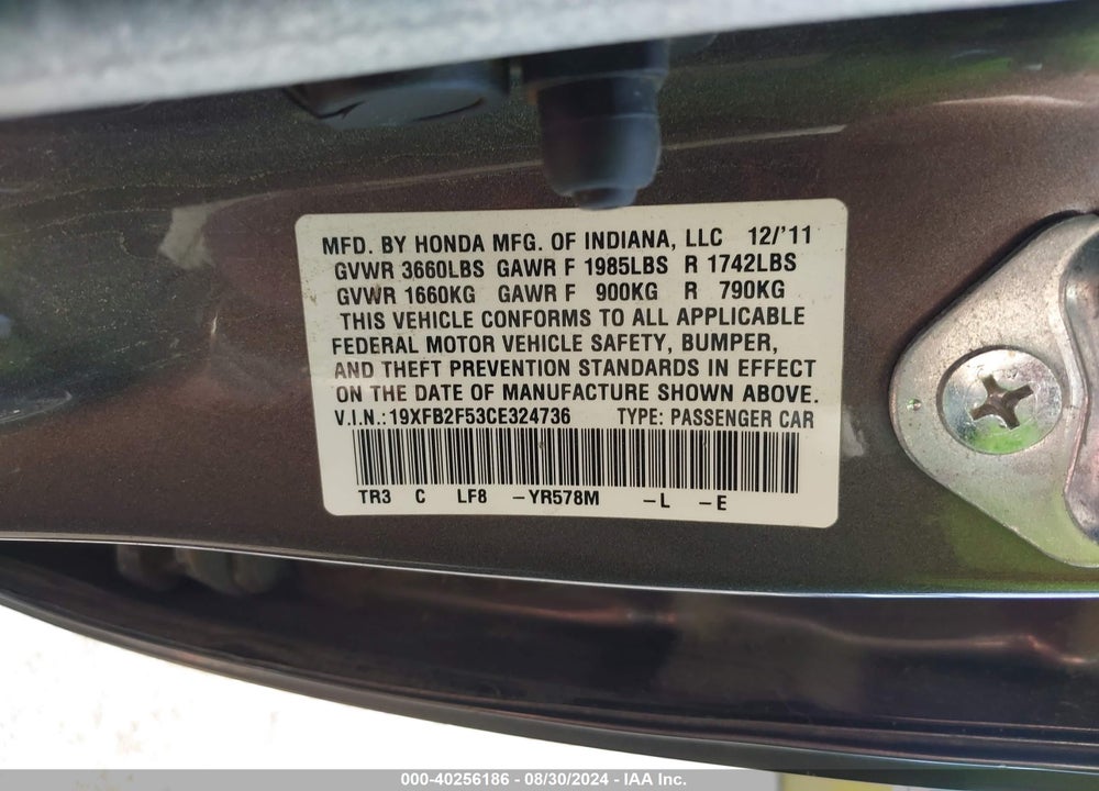 2012 HONDA CIVIC LX VIN: 19XFB2F53CE324736
