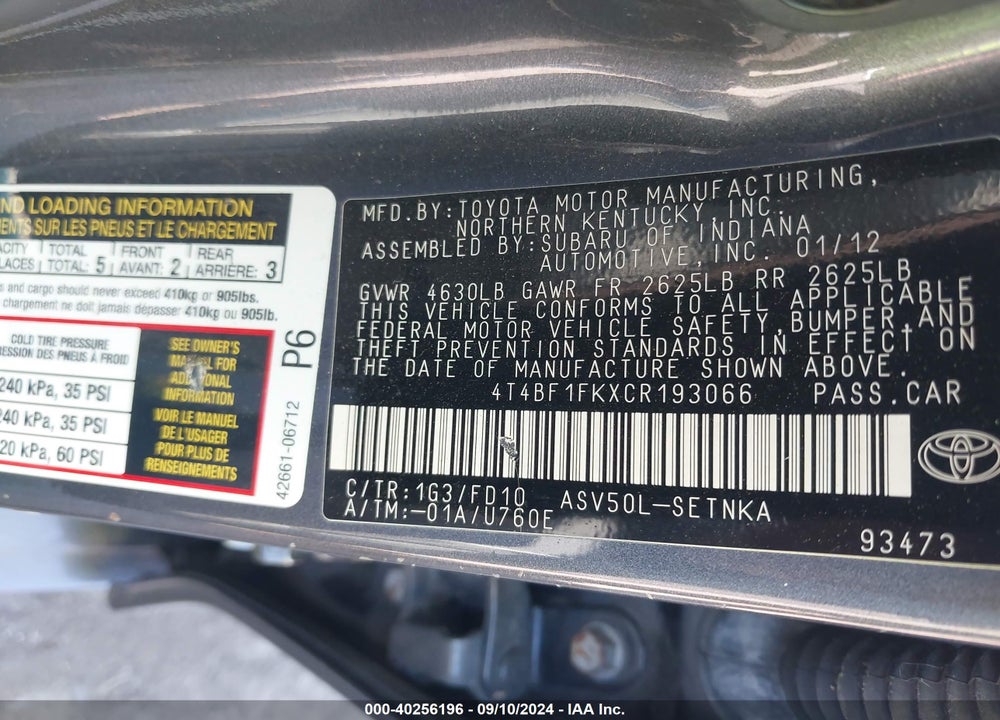 2012 TOYOTA CAMRY LE VIN: 4T4BF1FKXCR193066