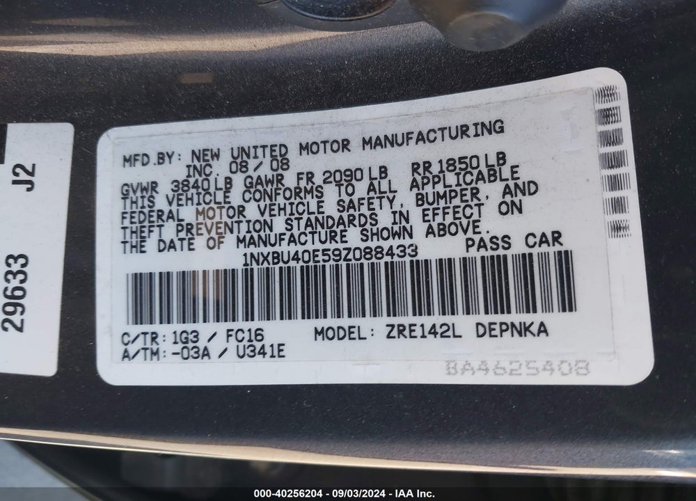 2009 TOYOTA COROLLA XLE VIN: 1NXBU40E59Z088433