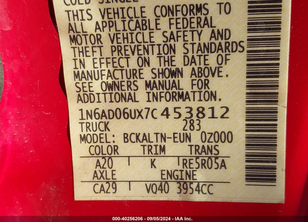 2007 NISSAN FRONTIER SE VIN: 1N6AD06UX7C453812