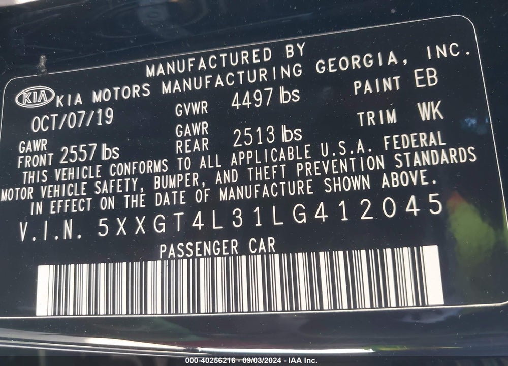 2020 KIA OPTIMA S VIN: 5XXGT4L31LG412045