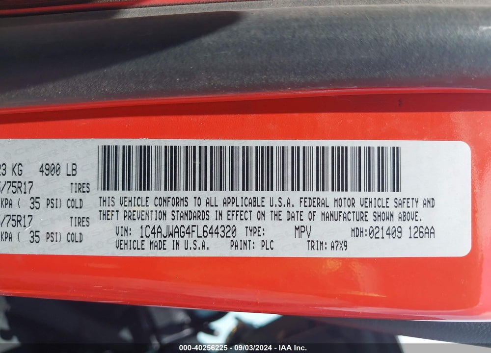 2015 JEEP WRANGLER SPORT VIN: 1C4AJWAG4FL644320