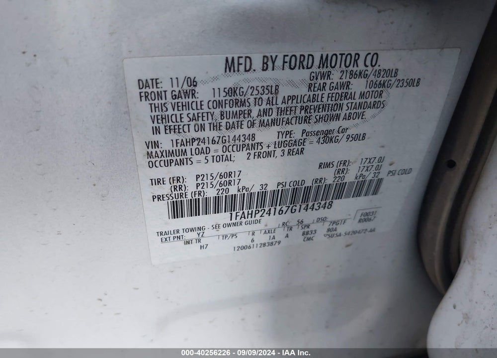 2007 FORD FIVE HUNDRED SEL VIN: 1FAHP24167G144348