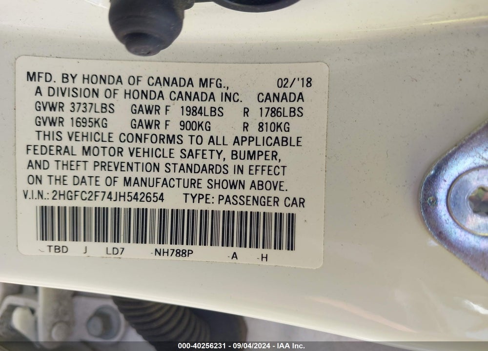 2018 HONDA CIVIC EX VIN: 2HGFC2F74JH542654