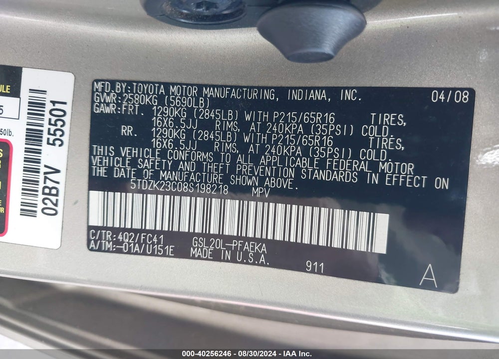 2008 TOYOTA SIENNA CE/LE VIN: 5TDZK23C08S198218