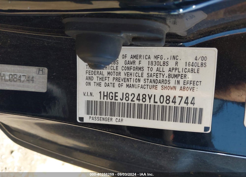 2000 HONDA CIVIC VIN: 1HGEJ8248YL084744