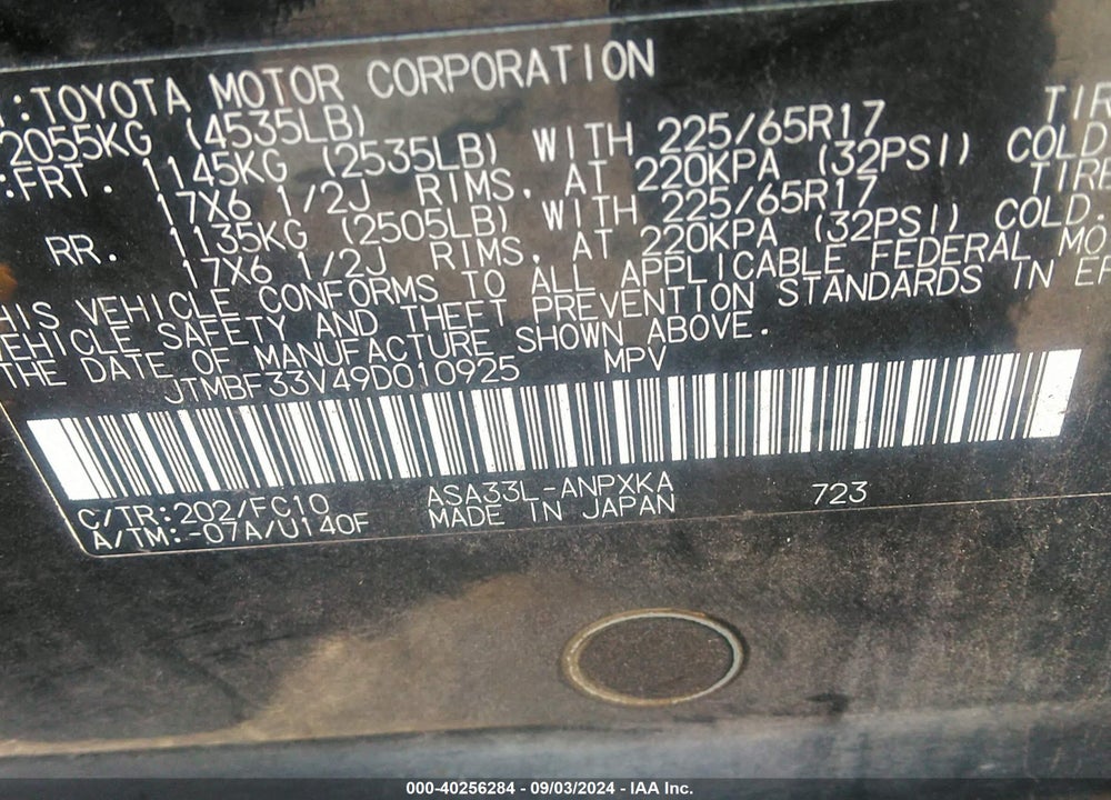 2009 TOYOTA RAV4 VIN: JTMBF33V49D010925