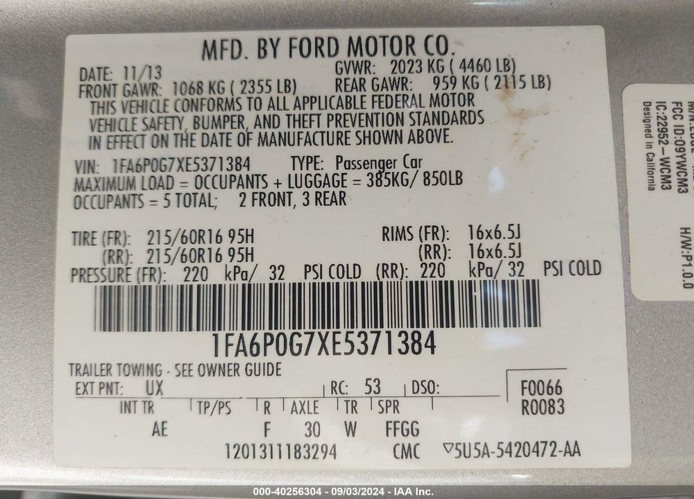 2014 FORD FUSION S VIN: 1FA6P0G7XE5371384