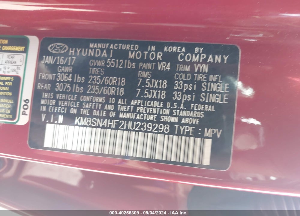 2017 HYUNDAI SANTA FE SE VIN: KM8SN4HF2HU239298