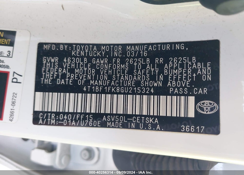 2016 TOYOTA CAMRY SE VIN: 4T1BF1FK8GU215324