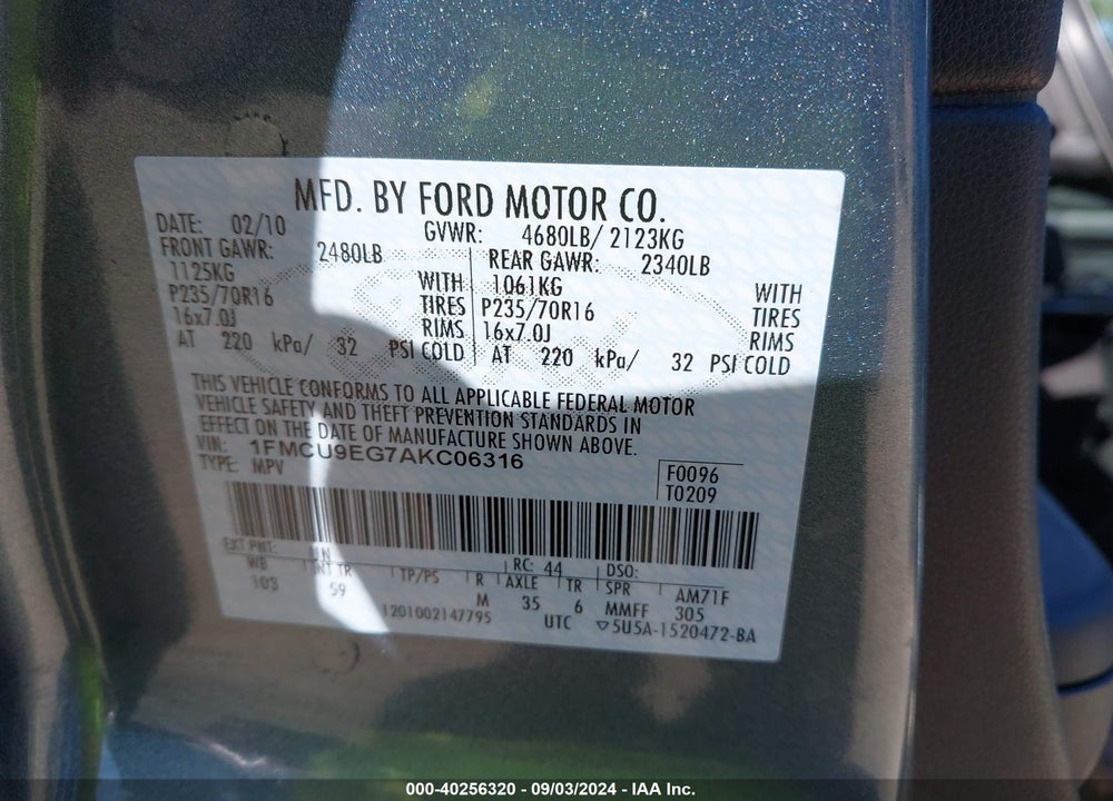 2010 FORD ESCAPE LIMITED VIN: 1FMCU9EG7AKC06316