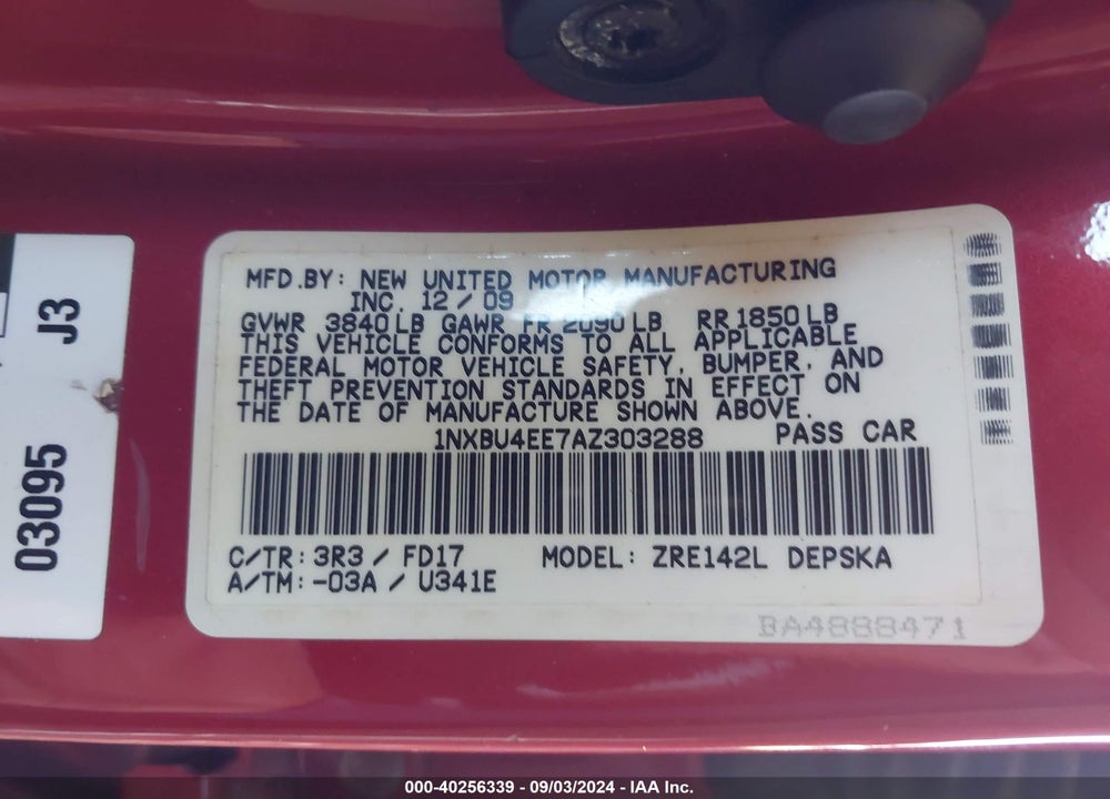 2010 TOYOTA COROLLA S VIN: 1NXBU4EE7AZ303288
