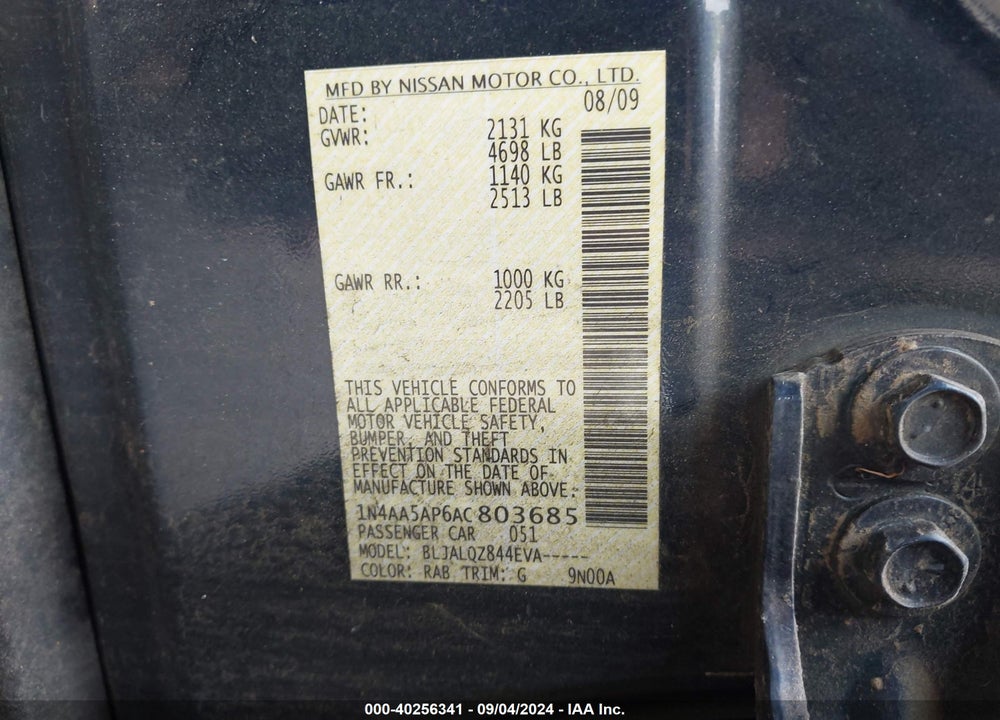 2010 NISSAN MAXIMA 3.5 S VIN: 1N4AA5AP6AC803685