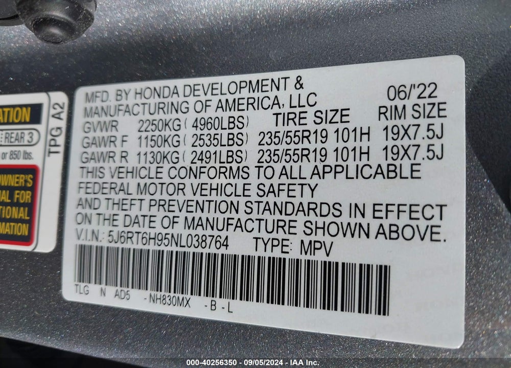 2022 HONDA CR-V HYBRID TOURING VIN: 5J6RT6H95NL038764