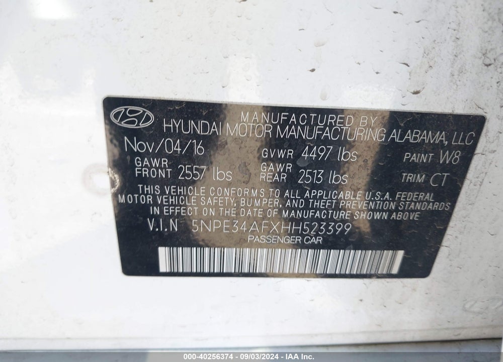 2017 HYUNDAI SONATA VIN: 5NPE34AFXHH523399