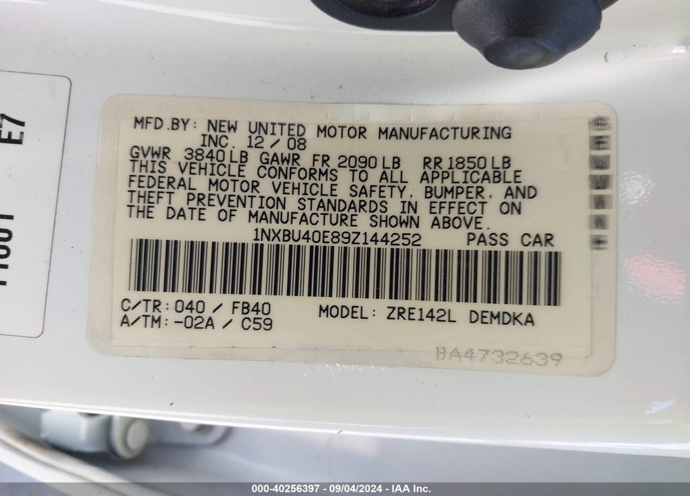 2009 TOYOTA COROLLA VIN: 1NXBU40E89Z144252