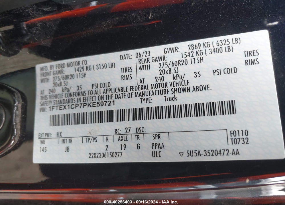 2023 FORD F-150 XL VIN: 1FTEX1CP7PKE59721