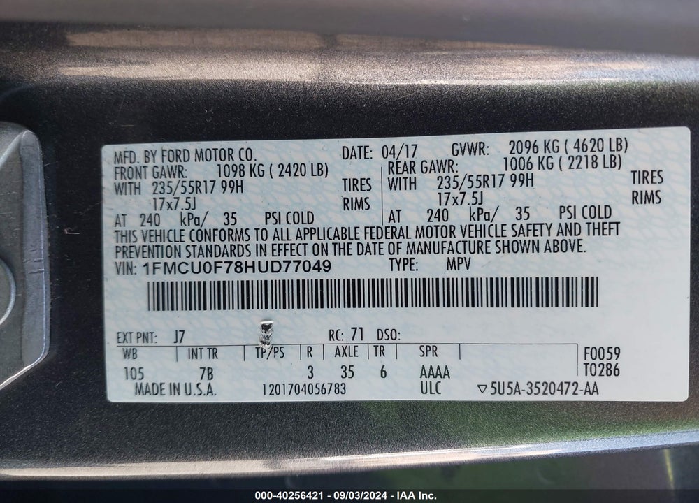 2017 FORD ESCAPE VIN: 1FMCU0F78HUD77049