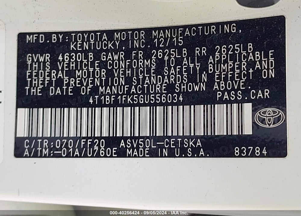 2016 TOYOTA CAMRY SE VIN: 4T1BF1FK5GU556034