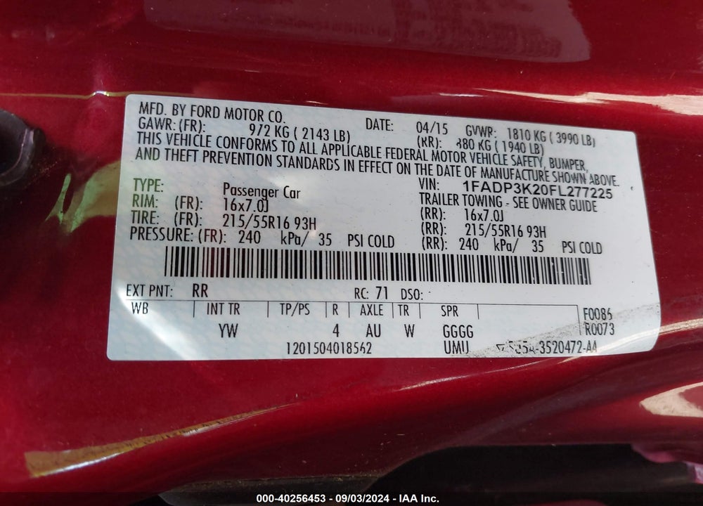 2015 FORD FOCUS SE VIN: 1FADP3K20FL277225