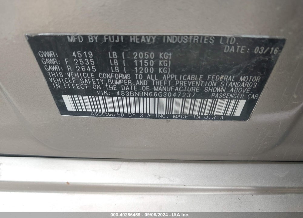 2016 SUBARU LEGACY 2.5I LIMITED VIN: 4S3BNBN66G3047237