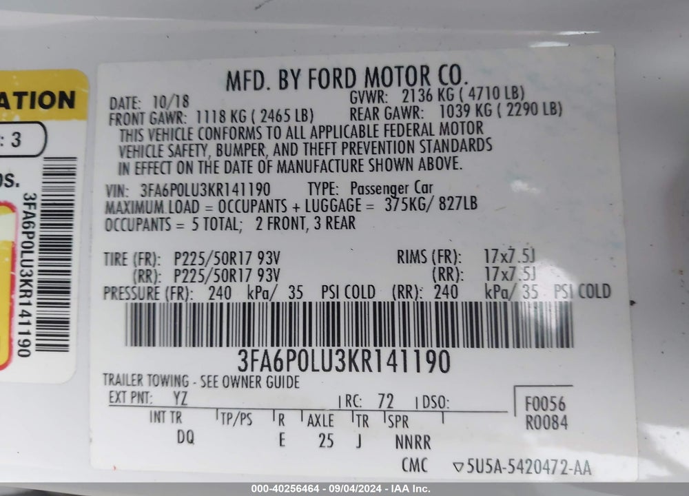 2019 FORD FUSION HYBRID SE VIN: 3FA6P0LU3KR141190
