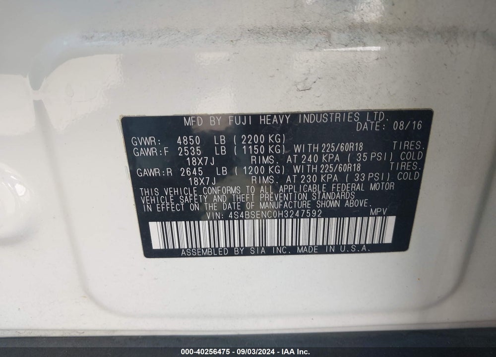 2017 SUBARU OUTBACK 3.6R LIMITED VIN: 4S4BSENC0H3247592