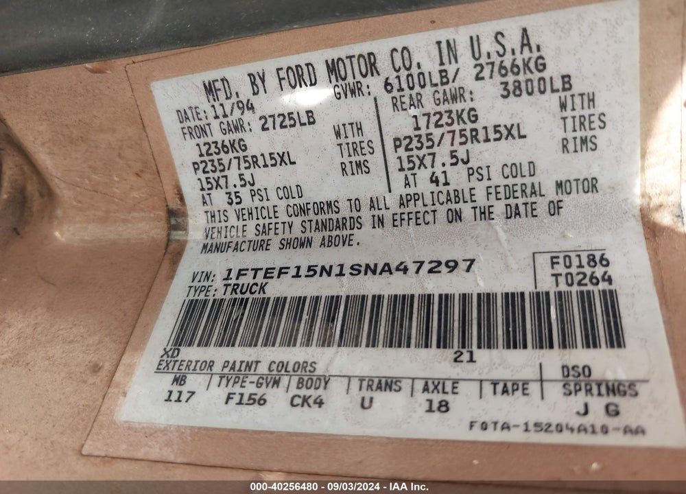 1995 FORD F150 VIN: 1FTEF15N1SNA47297
